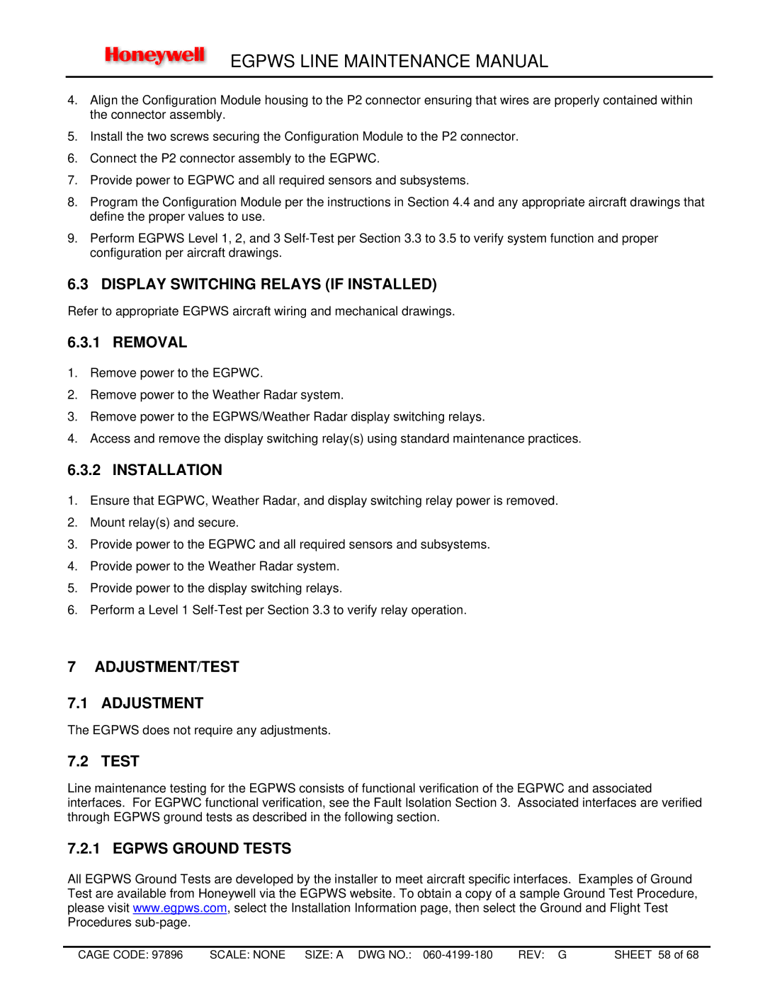 Honeywell MK VIII, MK XXII manual Display Switching Relays if Installed, ADJUSTMENT/TEST Adjustment, Egpws Ground Tests 