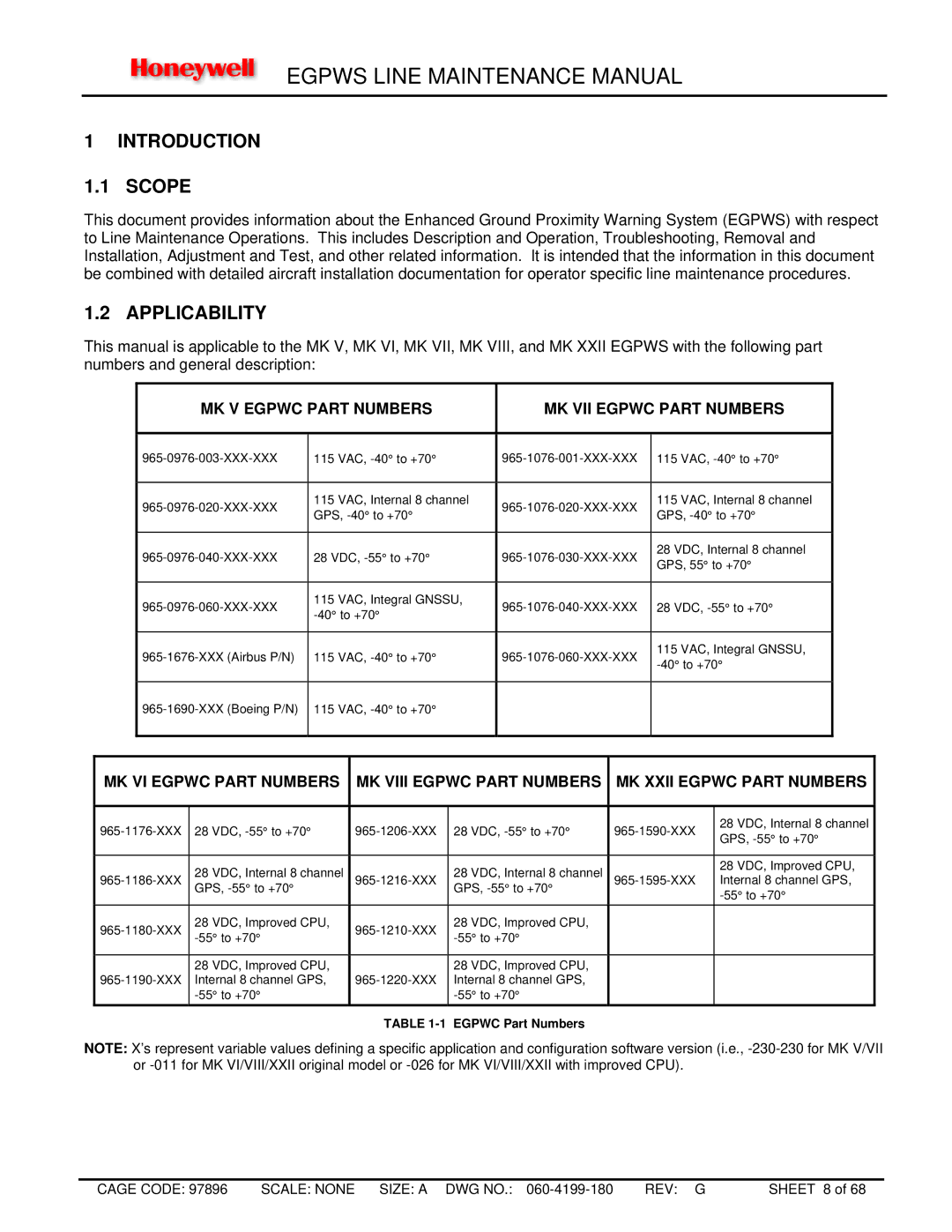 Honeywell MK VIII, MK XXII manual Introduction Scope, Applicability, MK V Egpwc Part Numbers MK VII Egpwc Part Numbers 