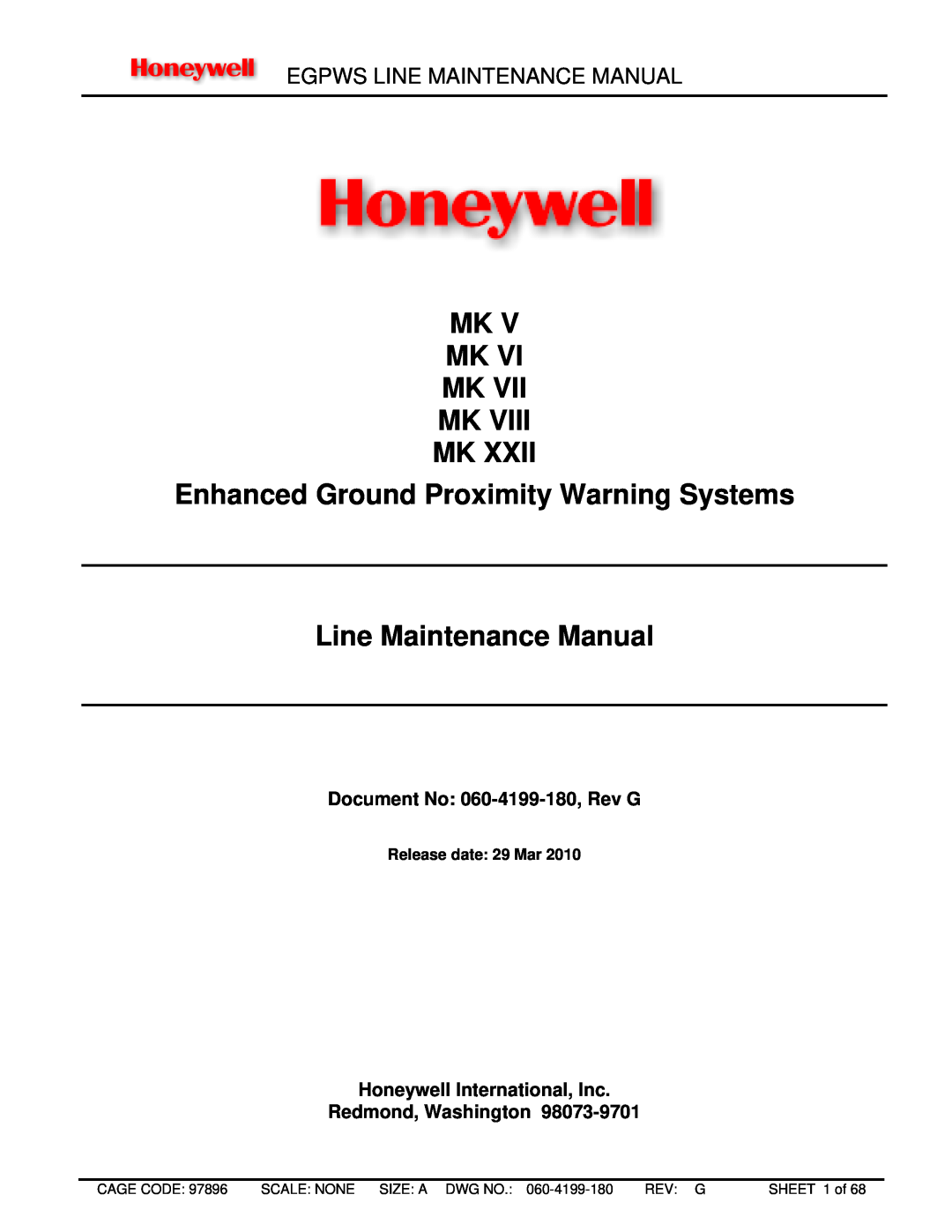 Honeywell MK VIII, MK XXII manual Egpws Line Maintenance Manual, Document No 060-4199-180,Rev G, Mk Mk Mk Mk Mk 