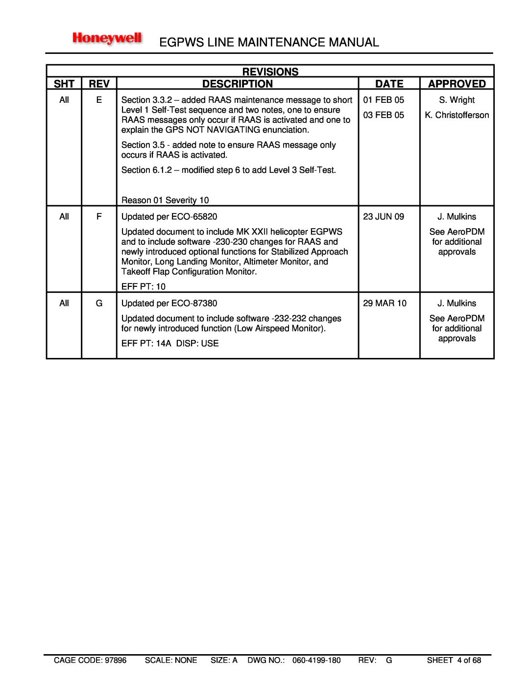 Honeywell MK VIII, MK XXII manual Egpws Line Maintenance Manual, Revisions, Description, Date, Approved 