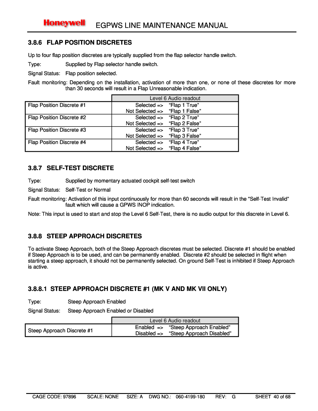 Honeywell MK VI manual Flap Position Discretes, Self-Testdiscrete, Steep Approach Discretes, Egpws Line Maintenance Manual 