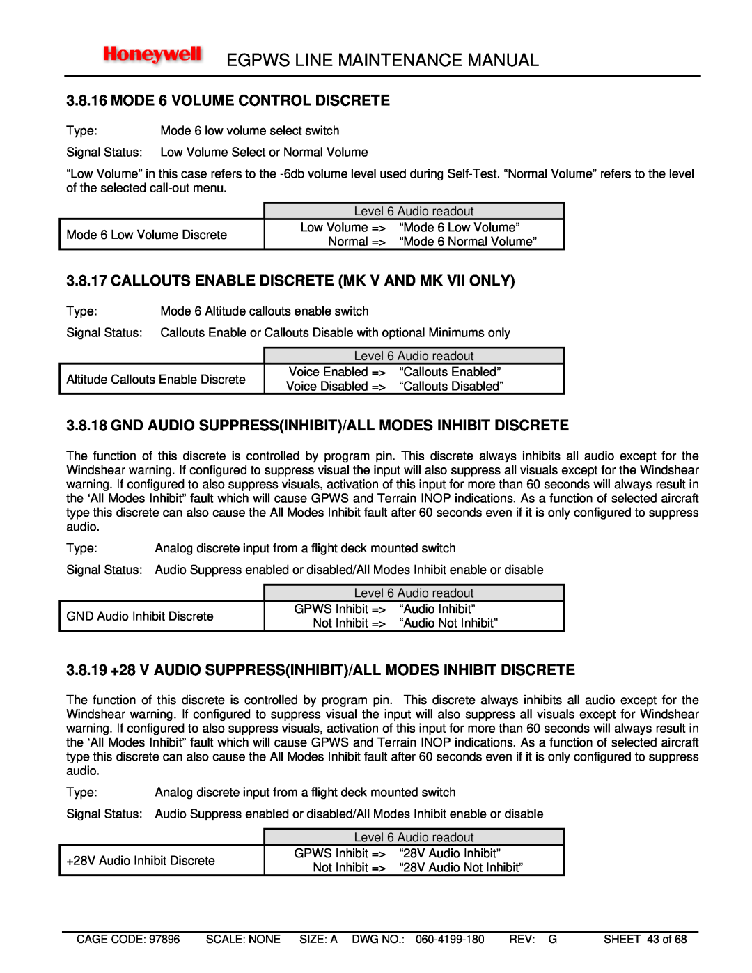 Honeywell MK VIII, MK XXII manual MODE 6 VOLUME CONTROL DISCRETE, Egpws Line Maintenance Manual 