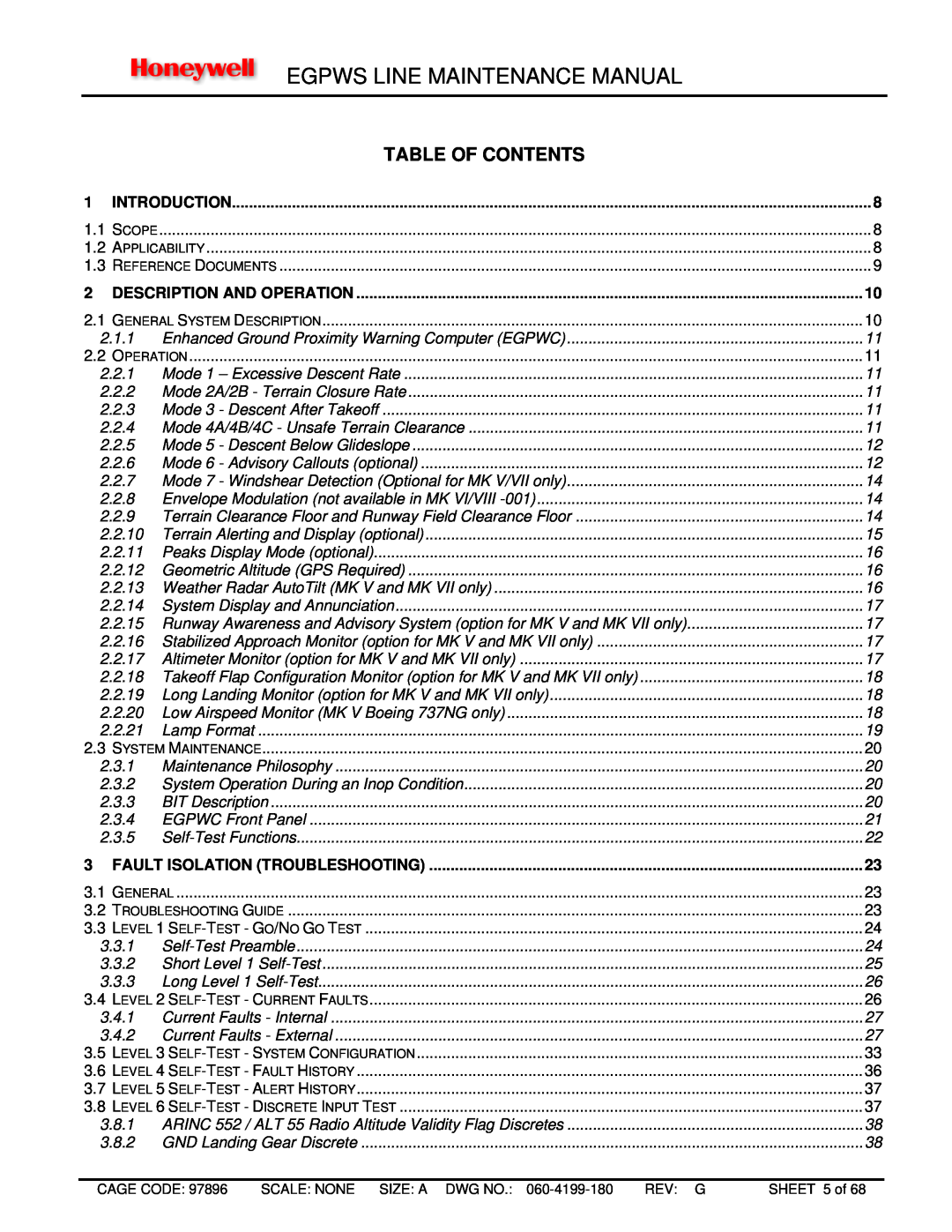 Honeywell MK VIII, MK XXII manual Table Of Contents, Egpws Line Maintenance Manual 
