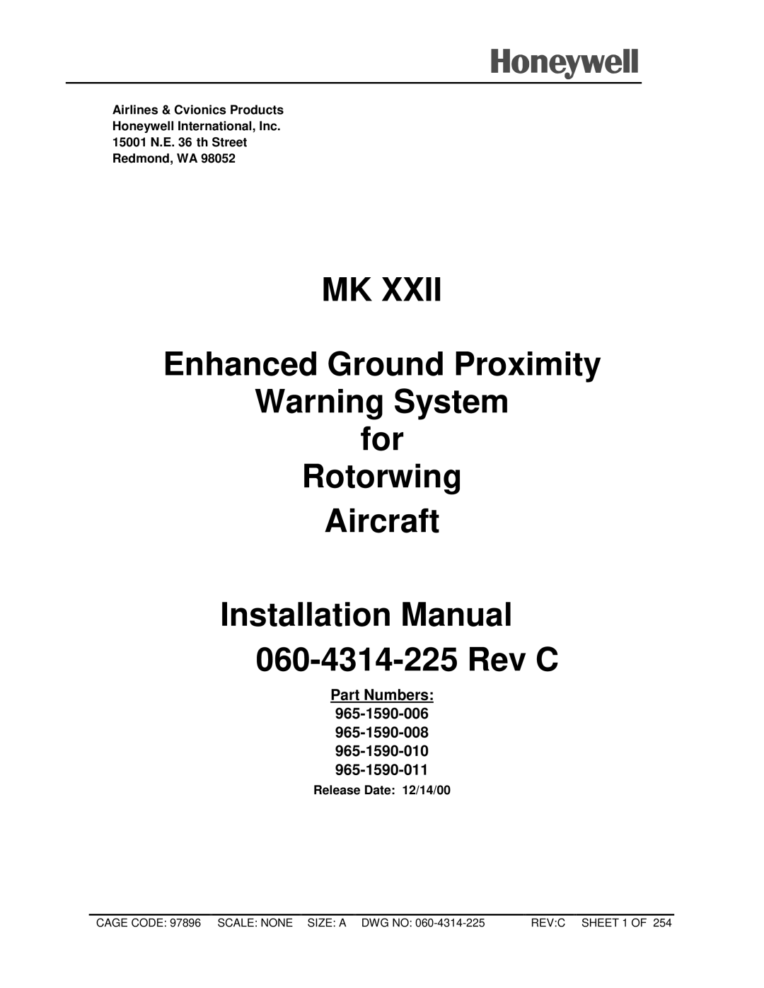 Honeywell MKXXII installation manual Release Date 12/14/00 