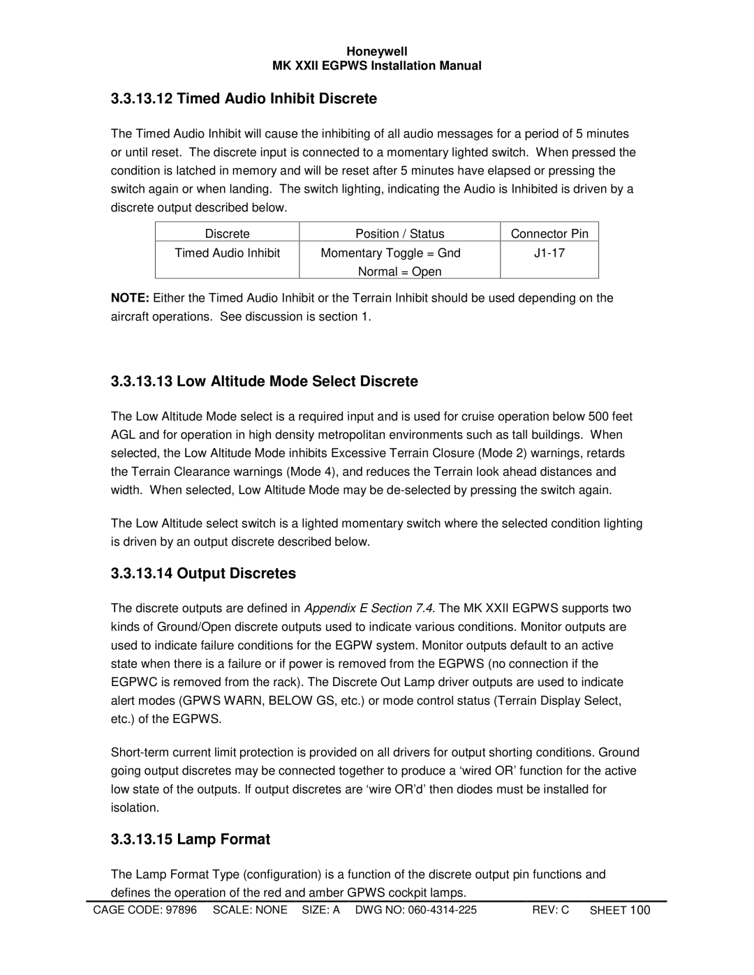 Honeywell MKXXII Timed Audio Inhibit Discrete, Low Altitude Mode Select Discrete, Output Discretes, Lamp Format 