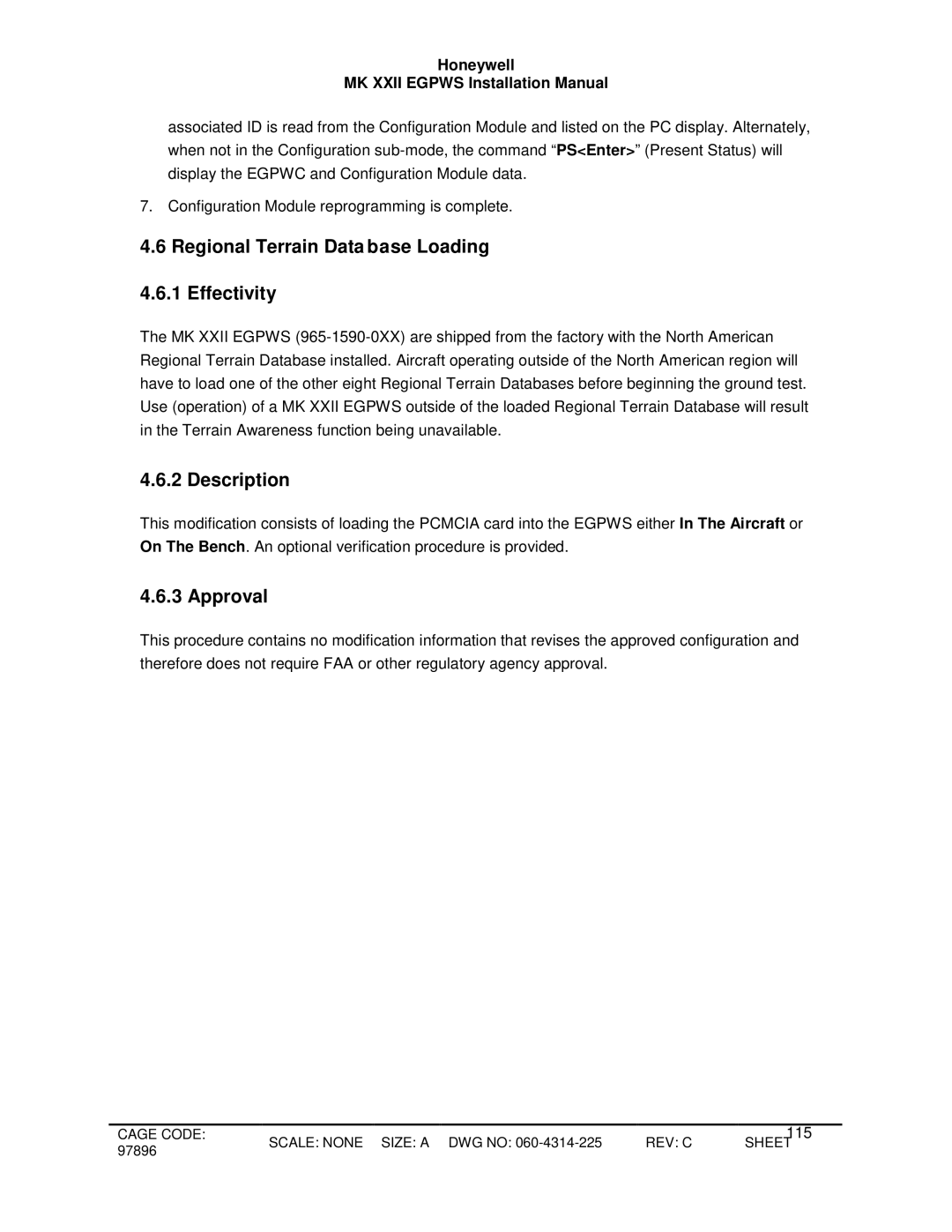 Honeywell MKXXII installation manual Regional Terrain Data base Loading 4.6.1 Effectivity, Approval 