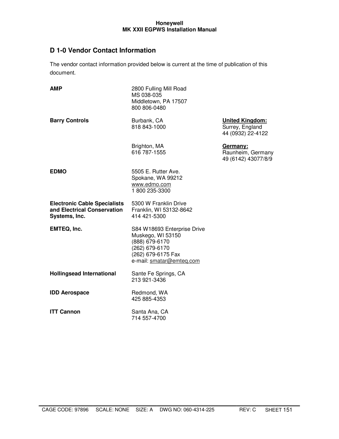 Honeywell MKXXII installation manual Vendor Contact Information, Amp 