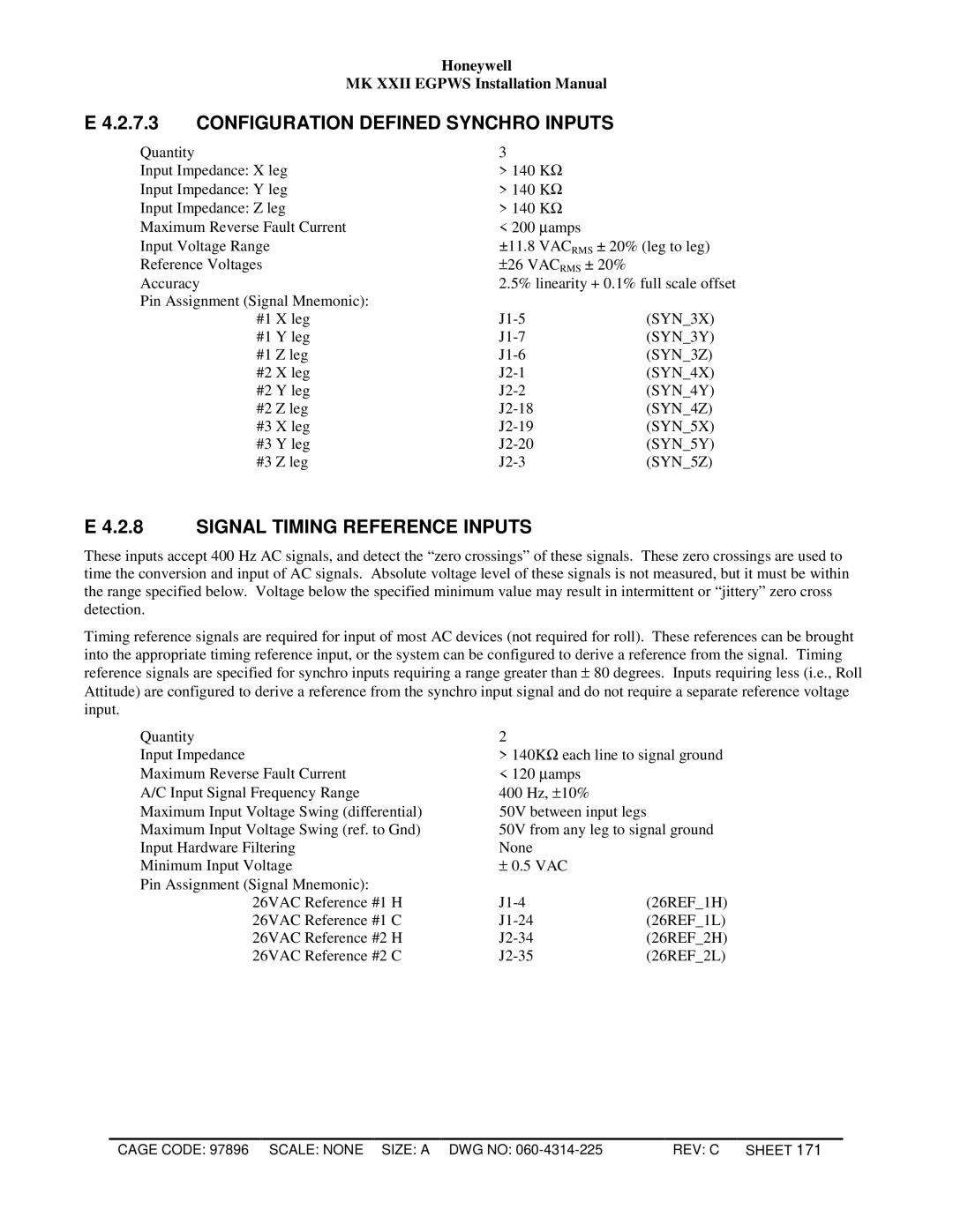 Honeywell MKXXII installation manual Configuration Defined Synchro Inputs, Signal Timing Reference Inputs 