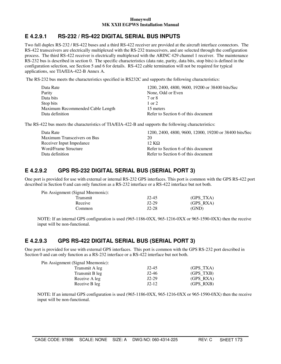 Honeywell MKXXII 2.9.1 RS-232 / RS-422 Digital Serial BUS Inputs, GPS RS-232 Digital Serial BUS Serial Port 