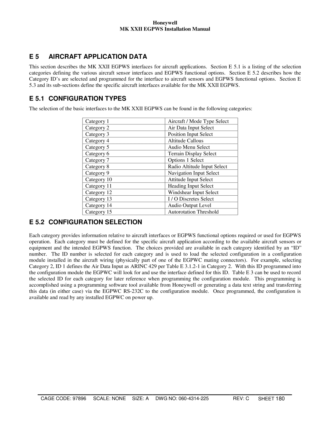 Honeywell MKXXII installation manual Aircraft Application Data, Configuration Types, Configuration Selection 