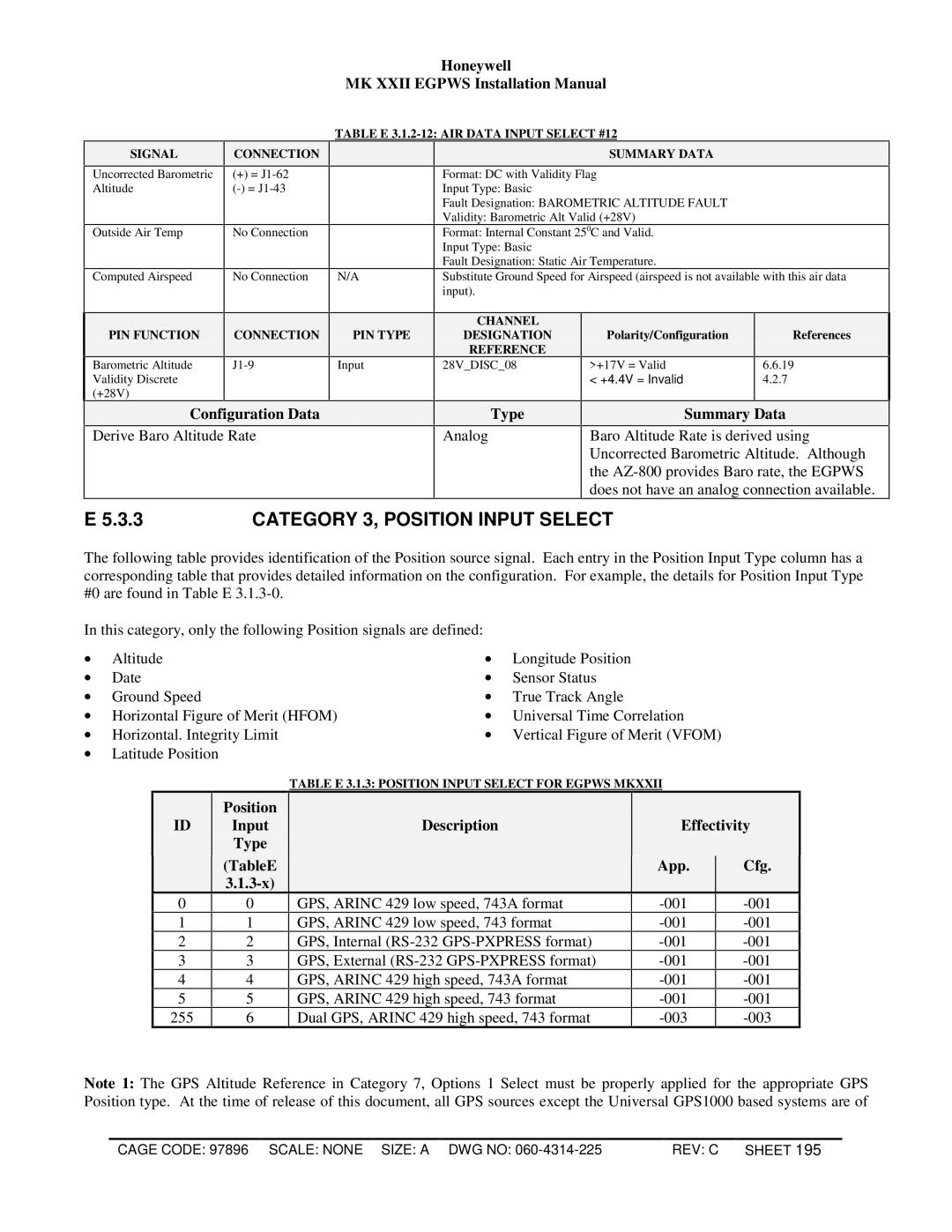 Honeywell MKXXII installation manual 3.3, Category 3, Position Input Select, Position Input Type TableE Description 