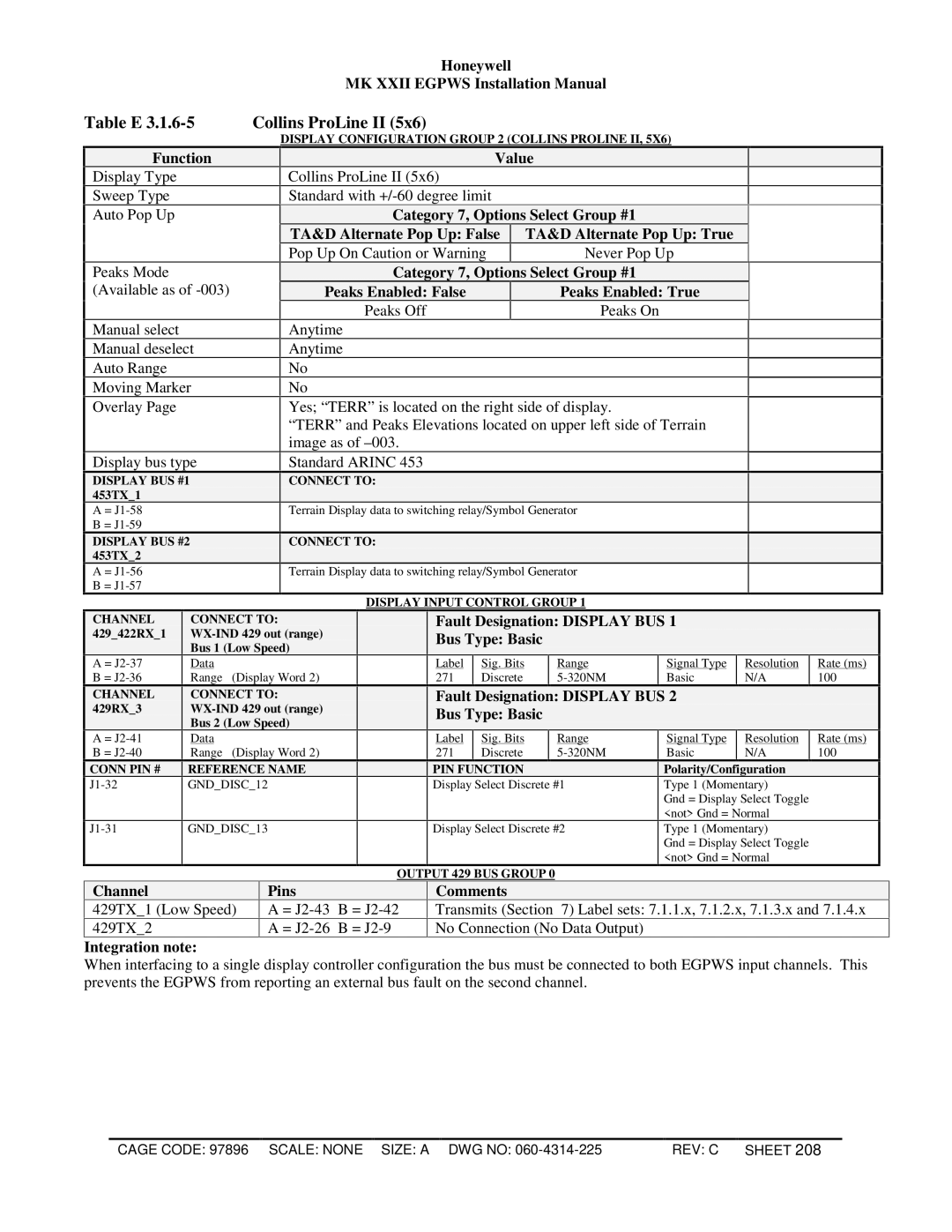 Honeywell MKXXII installation manual Table E Collins ProLine II, Display Configuration Group 2 Collins Proline II 