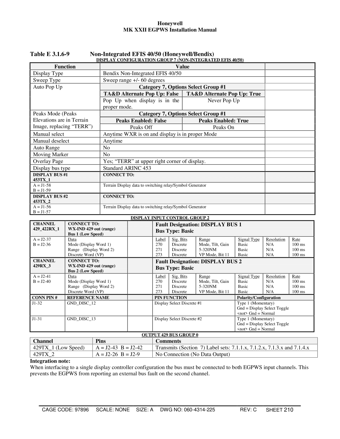 Honeywell MKXXII installation manual Table E Non-Integrated Efis 40/50 Honeywell/Bendix 