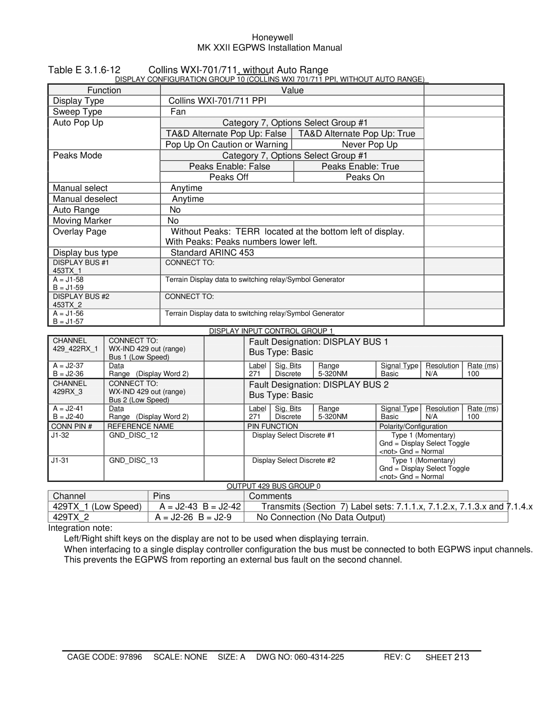 Honeywell MKXXII installation manual Table E 3.1.6-12 Collins WXI-701/711, without Auto Range, Channel 