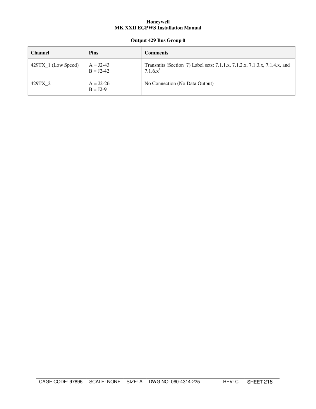 Honeywell MKXXII installation manual Output 429 Bus Group, Pins Comments 