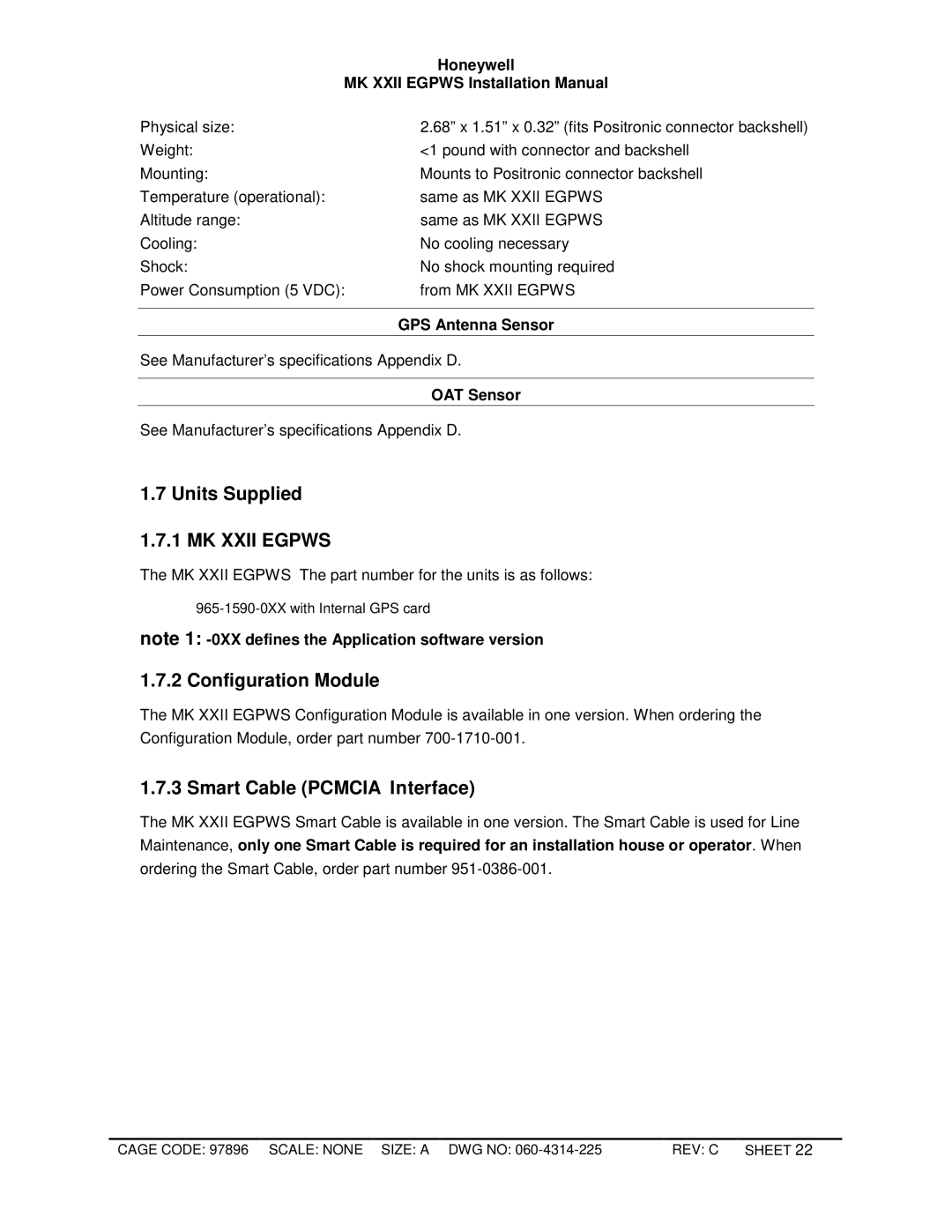 Honeywell MKXXII installation manual Units Supplied, MK Xxii Egpws, Configuration Module 