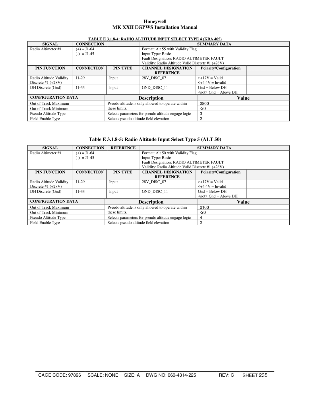 Honeywell MKXXII installation manual Table E 3.1.8-5 Radio Altitude Input Select Type 5 ALT, Reference Summary Data 