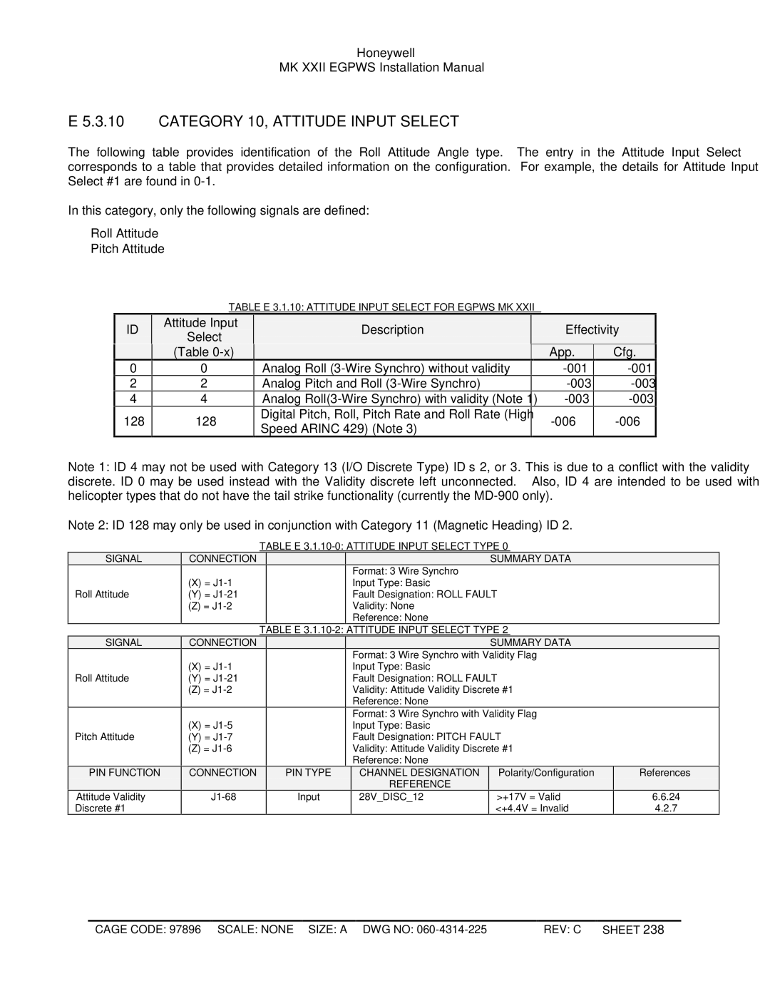 Honeywell MKXXII installation manual Category 10, Attitude Input Select, Table E 3.1.10 Attitude Input Select for Egpws MK 