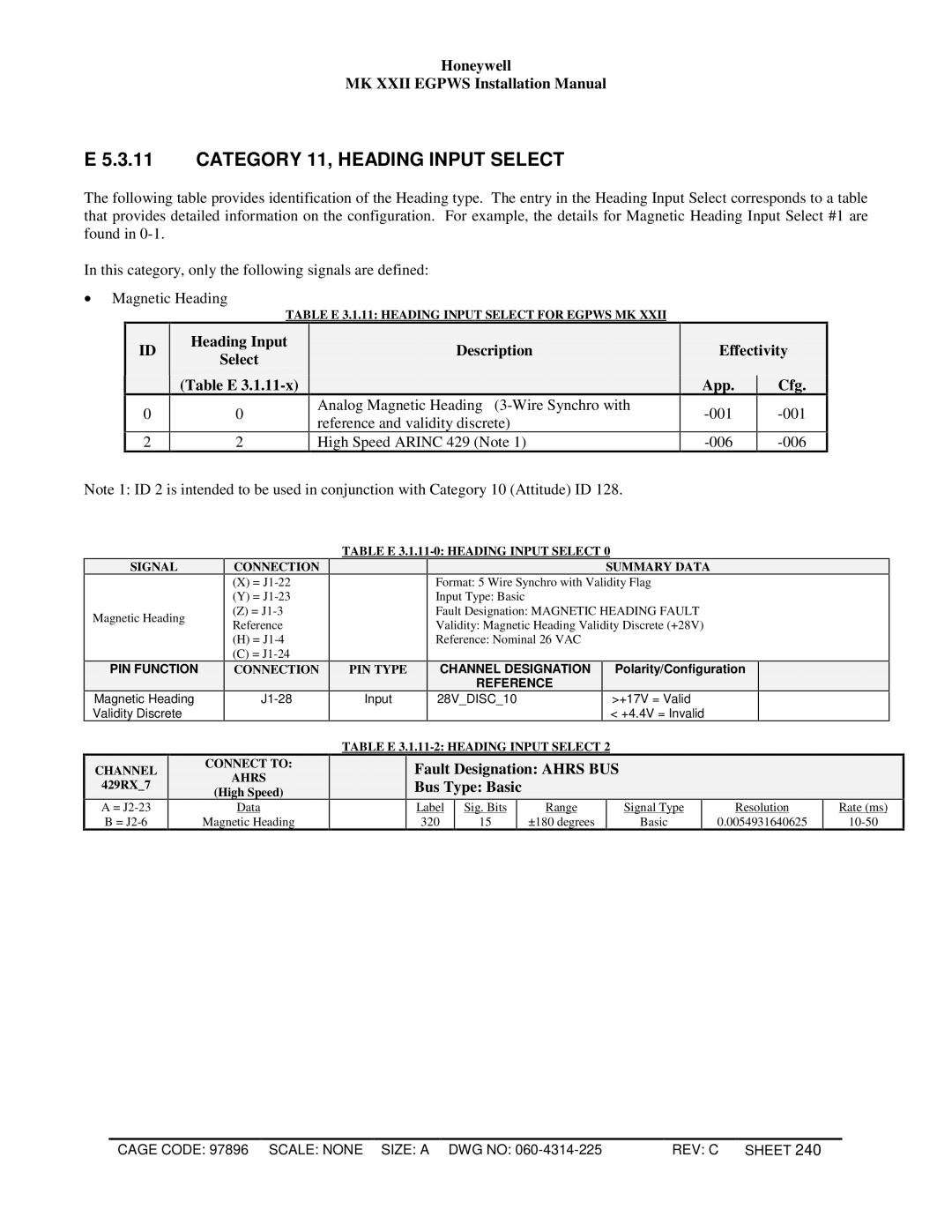 Honeywell MKXXII installation manual Category 11, Heading Input Select, Heading Input Select Table E Description 