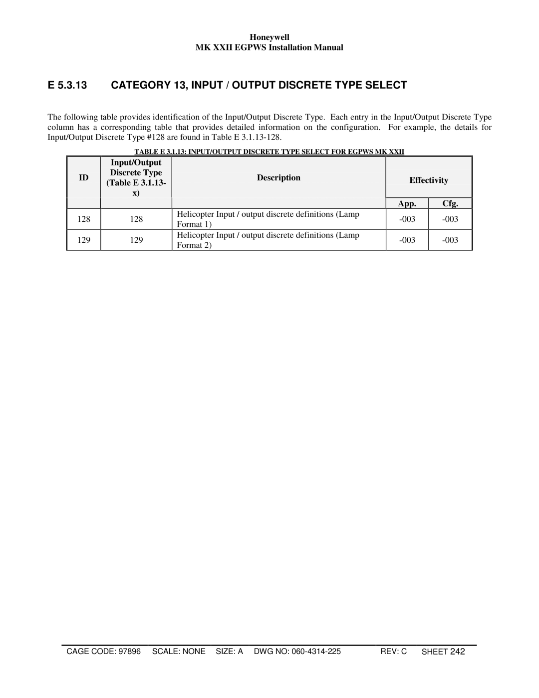 Honeywell MKXXII installation manual Category 13, Input / Output Discrete Type Select, Input/Output Discrete Type Table E 