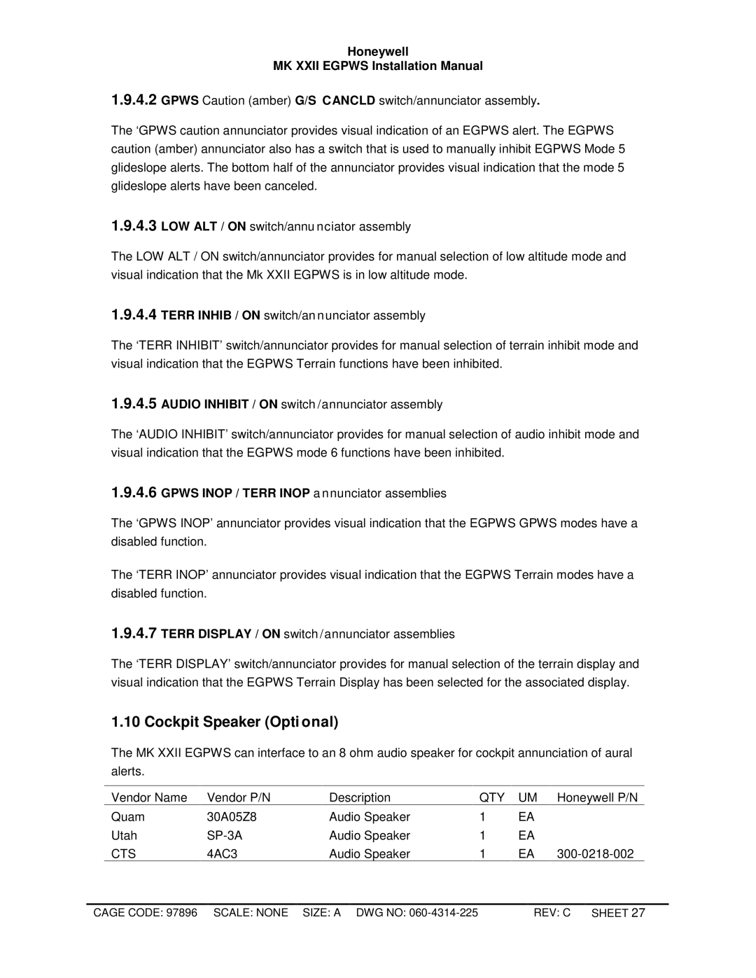 Honeywell MKXXII installation manual Cockpit Speaker Opti onal 