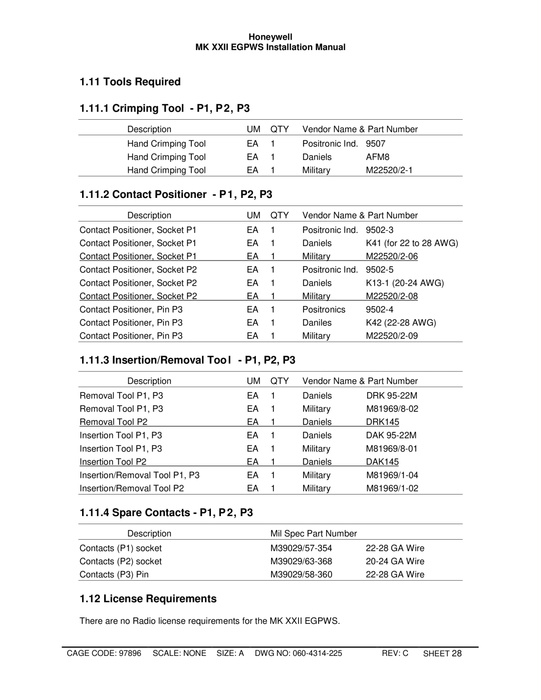 Honeywell MKXXII Tools Required Crimping Tool P1, P 2, P3, Contact Positioner P 1, P2, P3, Spare Contacts P1, P 2, P3 