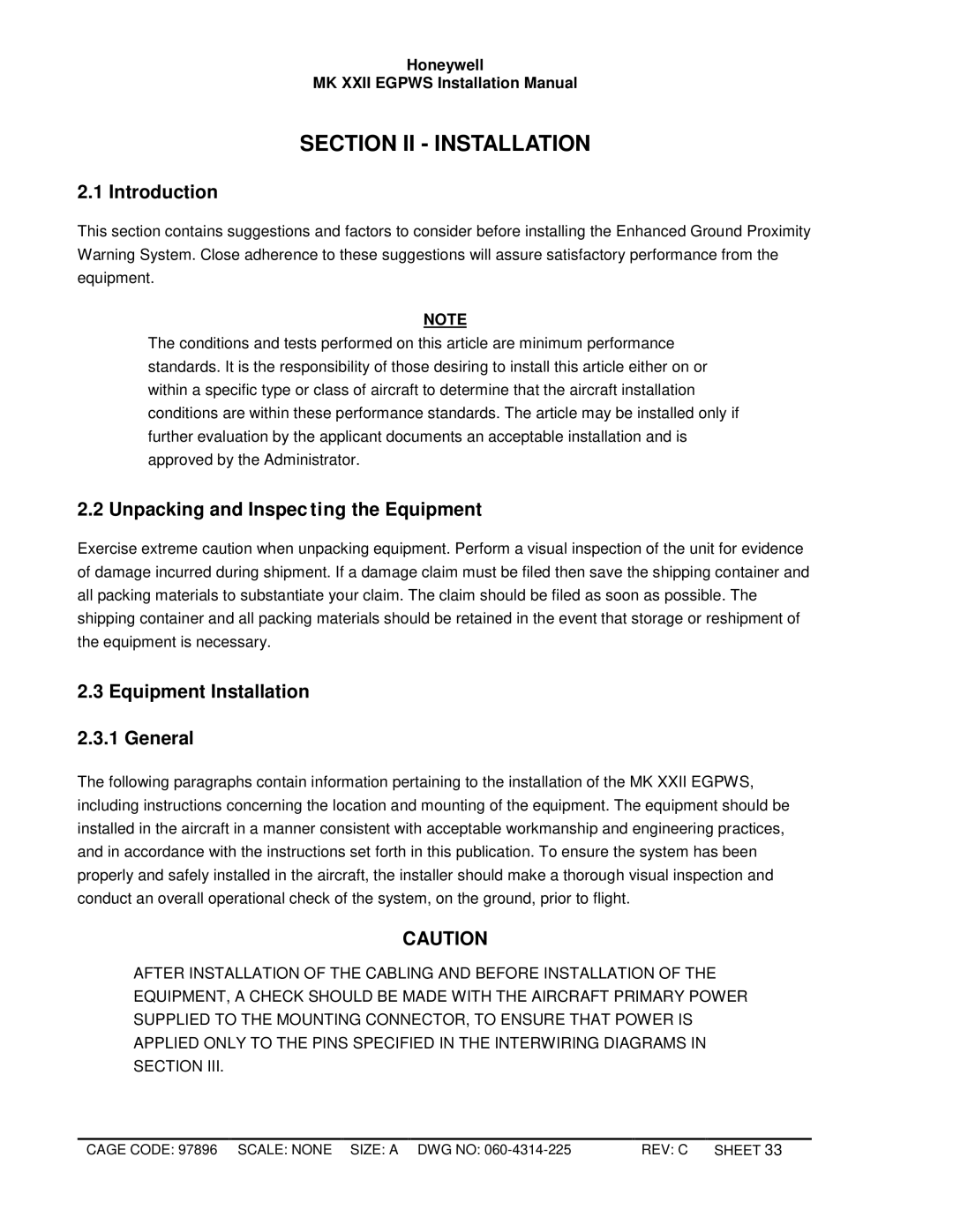 Honeywell MKXXII installation manual Unpacking and Inspec ting the Equipment, Equipment Installation 2.3.1 General 