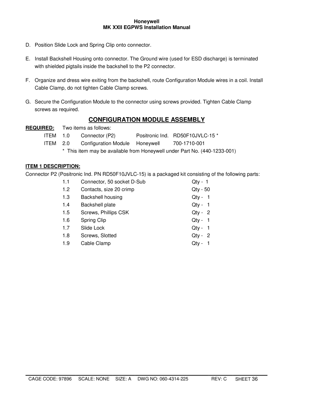 Honeywell MKXXII installation manual Configuration Module Assembly, Required 