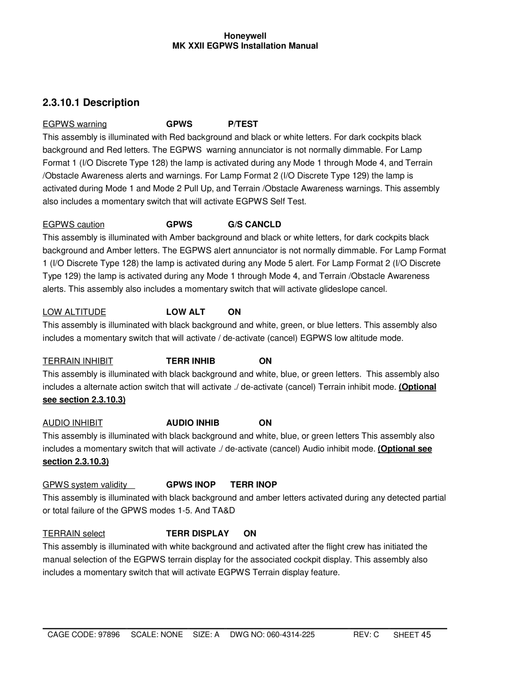 Honeywell MKXXII installation manual Description, Egpws cautionGPWS G/S Cancld 