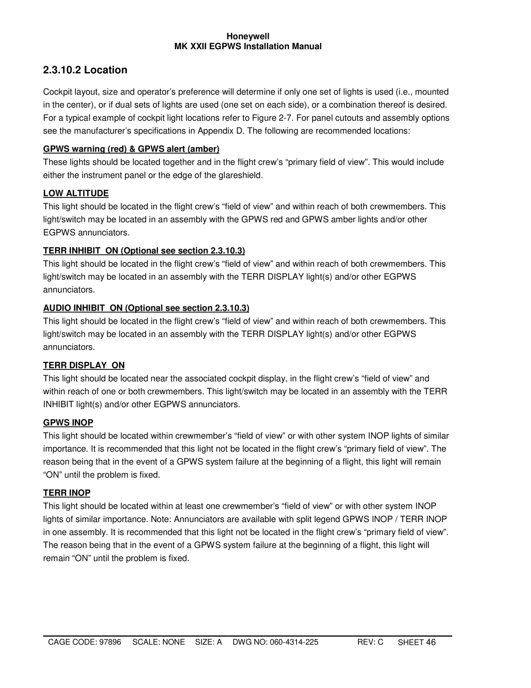 Honeywell MKXXII installation manual Location, Gpws warning red & Gpws alert amber 