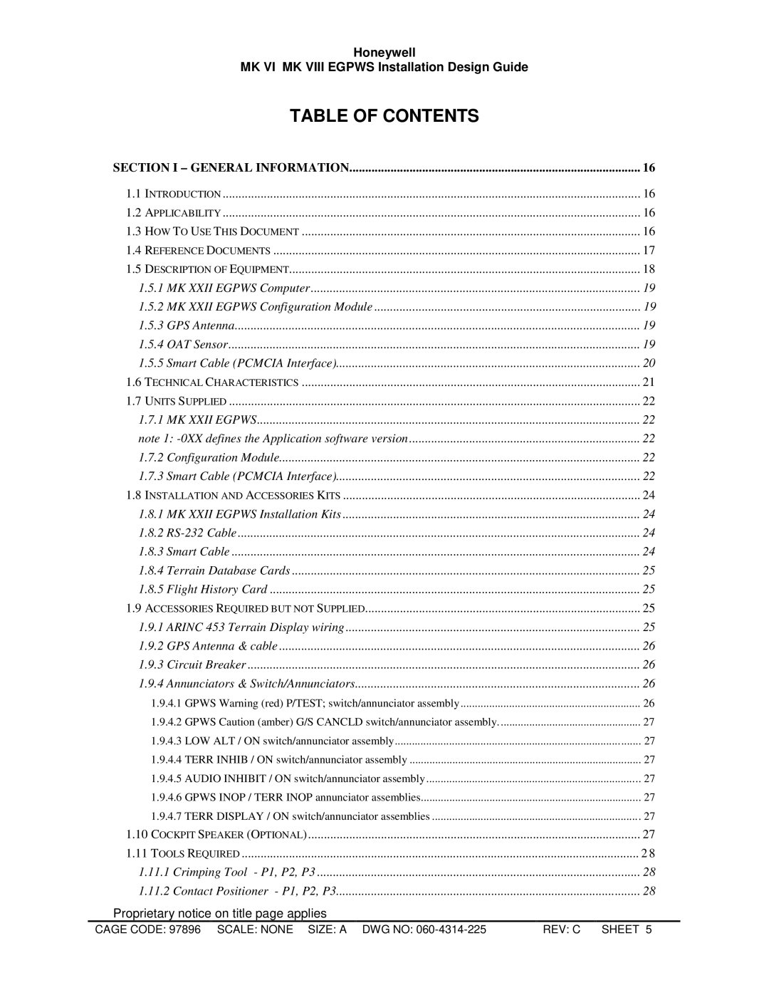 Honeywell MKXXII installation manual Table of Contents 