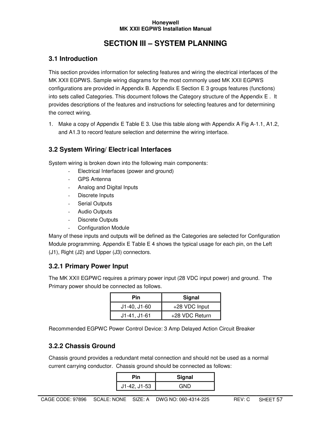 Honeywell MKXXII installation manual System Wiring/ Electr ical Interfaces, Primary Power Input, Chassis Ground 