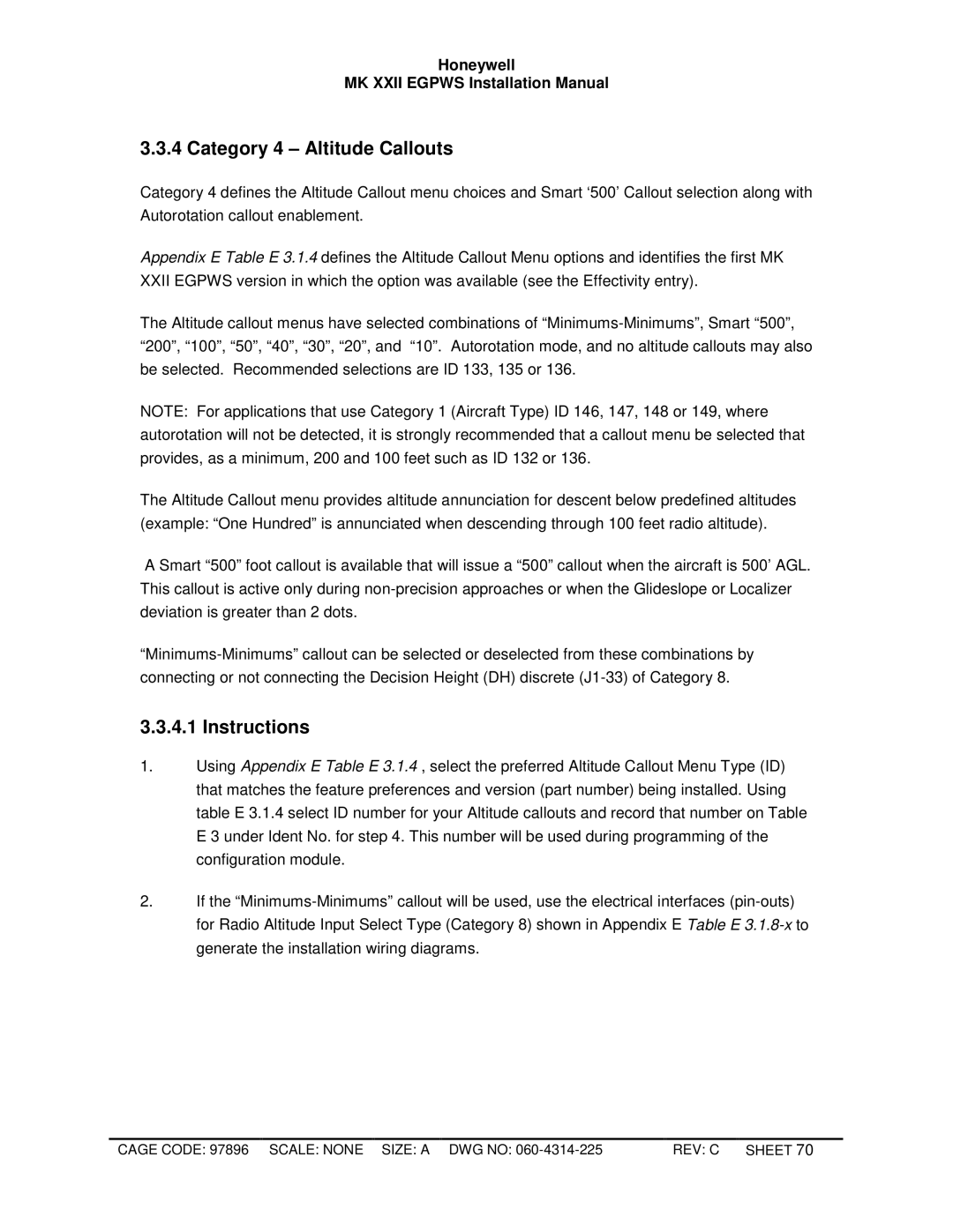 Honeywell MKXXII installation manual Category 4 Altitude Callouts, Instructions 