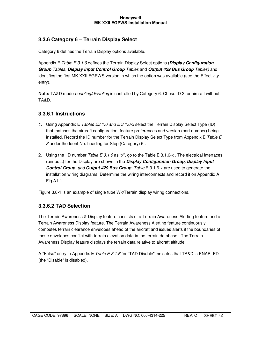 Honeywell MKXXII installation manual Category 6 Terrain Display Select, TAD Selection 