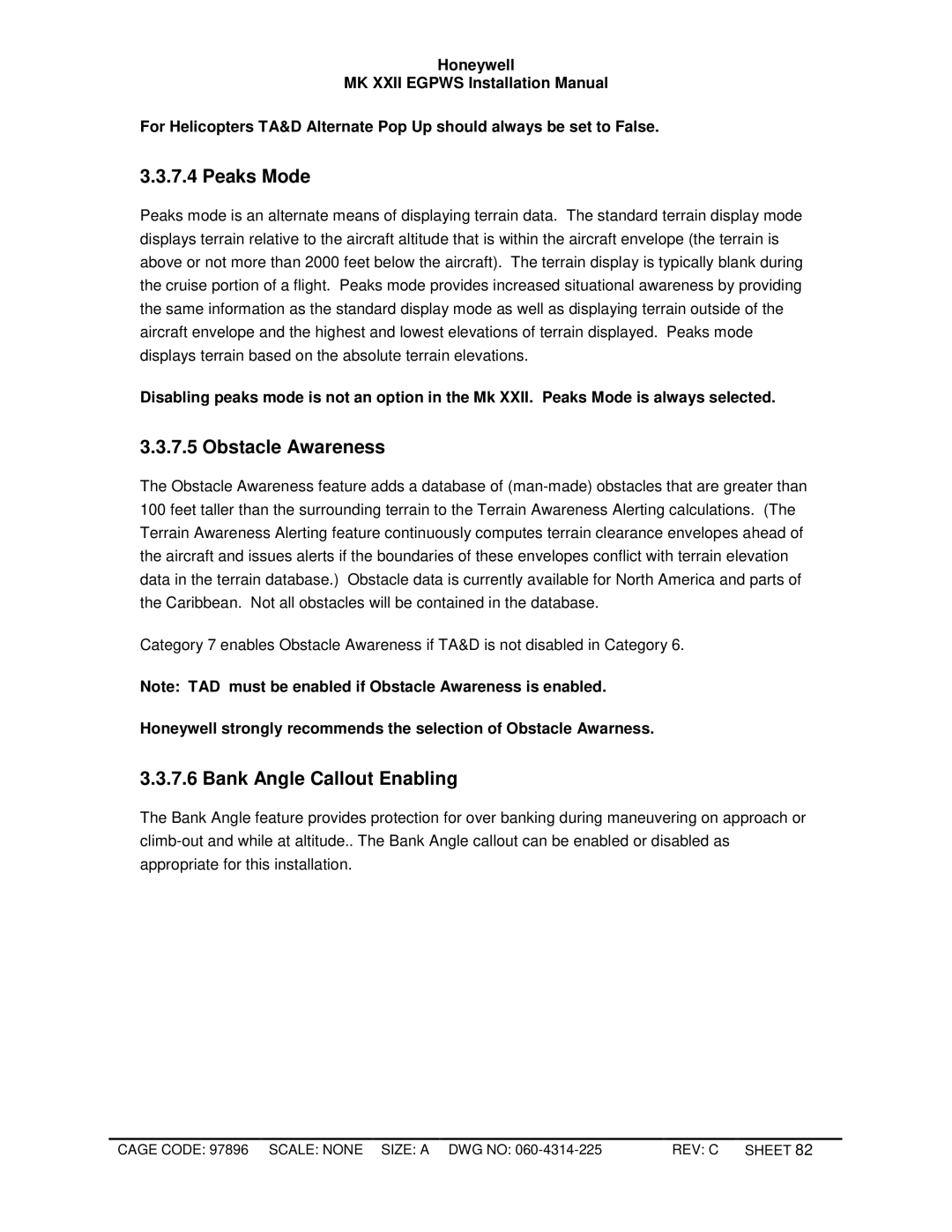 Honeywell MKXXII installation manual Peaks Mode, Obstacle Awareness, Bank Angle Callout Enabling 