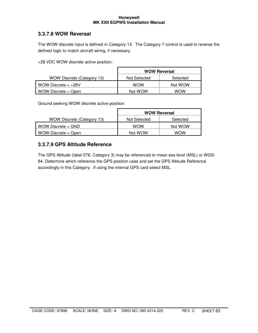 Honeywell MKXXII installation manual WOW Reversal, GPS Altitude Reference 