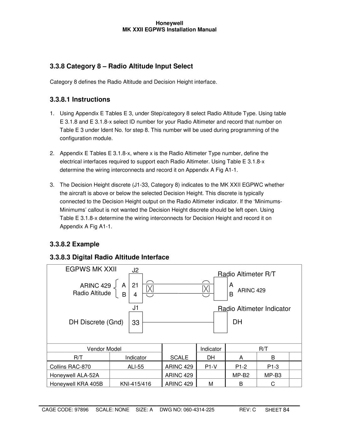 Honeywell MKXXII installation manual Category 8 Radio Altitude Input Select, Example Digital Radio Altitude Interface 