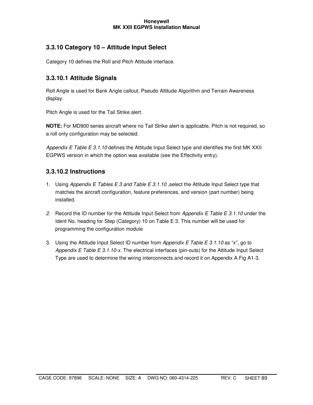 Honeywell MKXXII installation manual Category 10 Attitude Input Select, Attitude Signals 