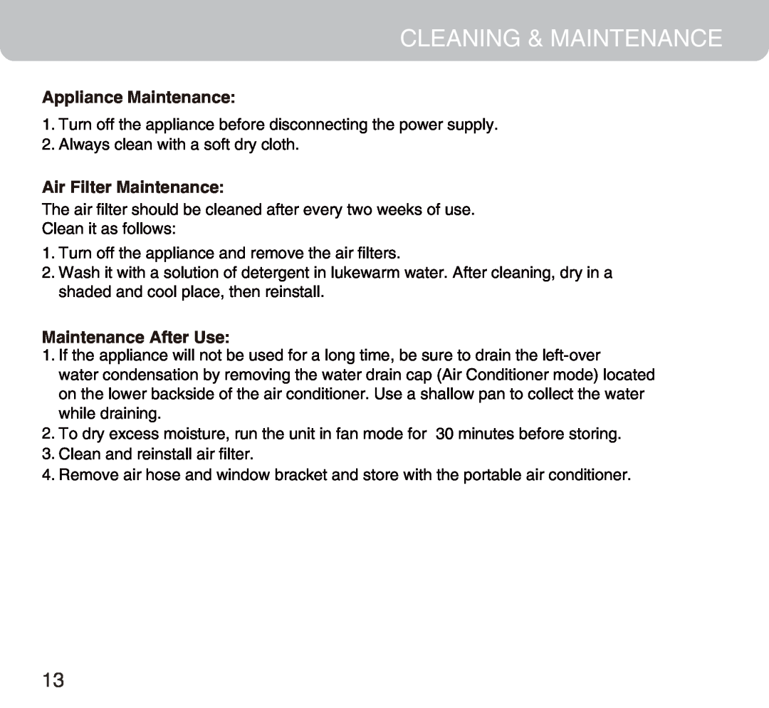 Honeywell MM14CCS owner manual Cleaning & Maintenance, Appliance Maintenance, Air Filter Maintenance, Maintenance After Use 