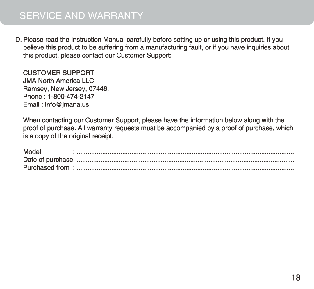 Honeywell MM14CCS owner manual Service And Warranty, CUSTOMER SUPPORT JMA North America LLC 
