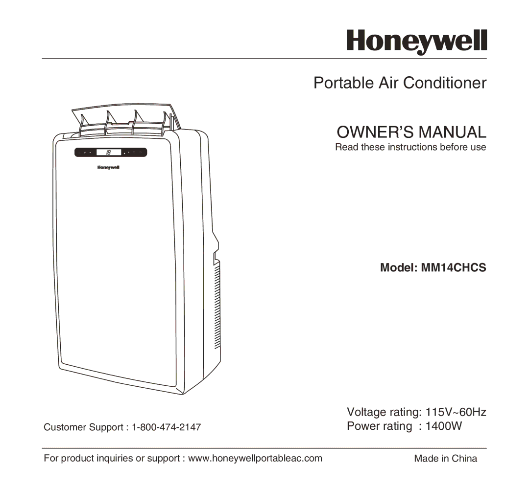 Honeywell owner manual Portable Air Conditioner, Model MM14CHCS 