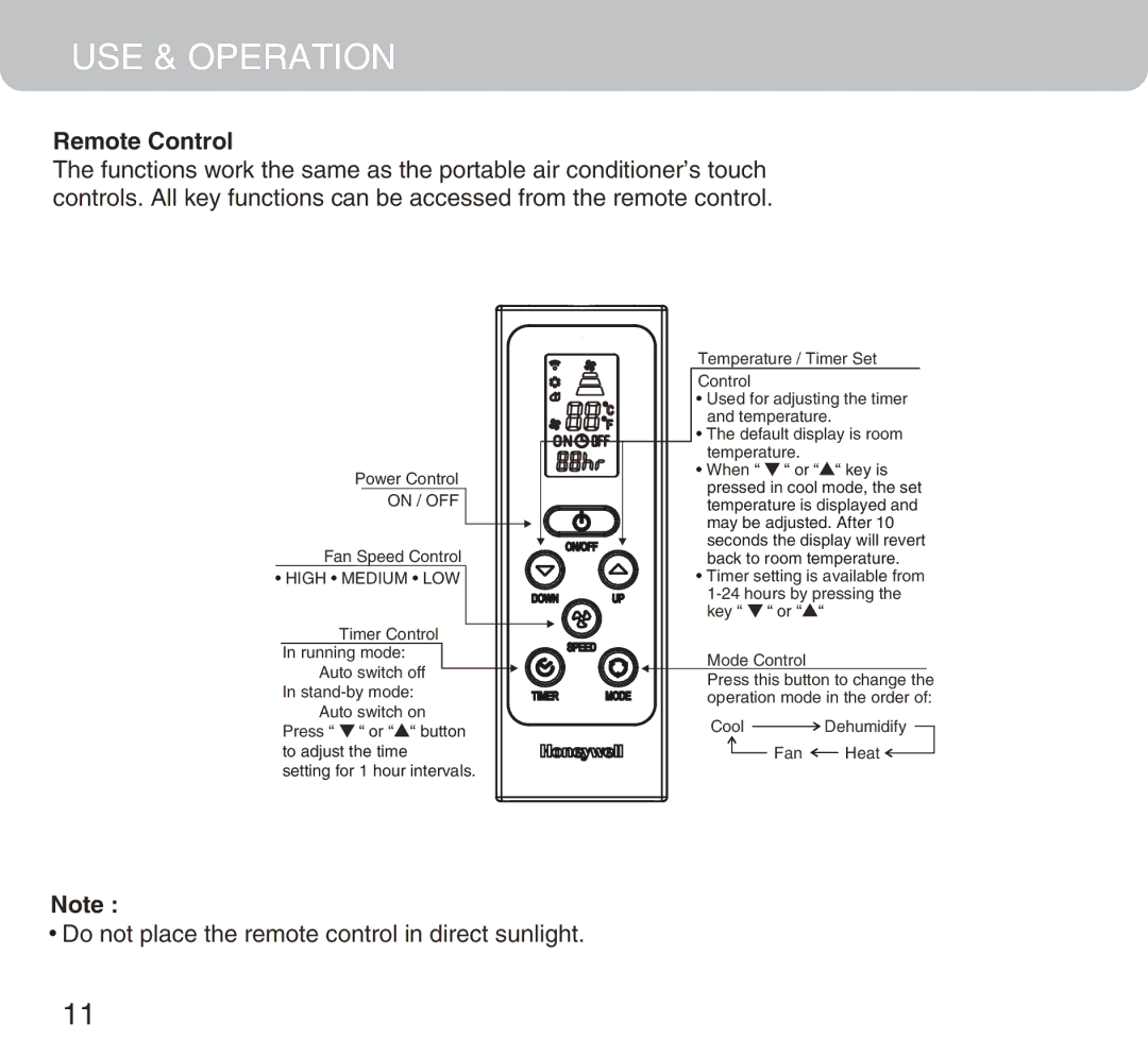 Honeywell MM14CHCS owner manual USE & Operation, Remote Control 