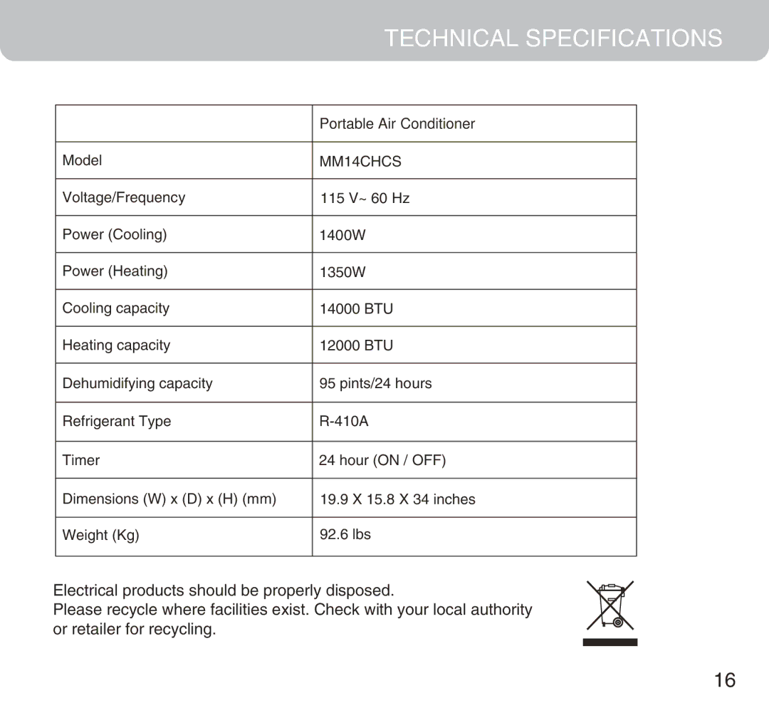 Honeywell MM14CHCS owner manual Technical Specifications, Description of Product Portable Air Conditioner 