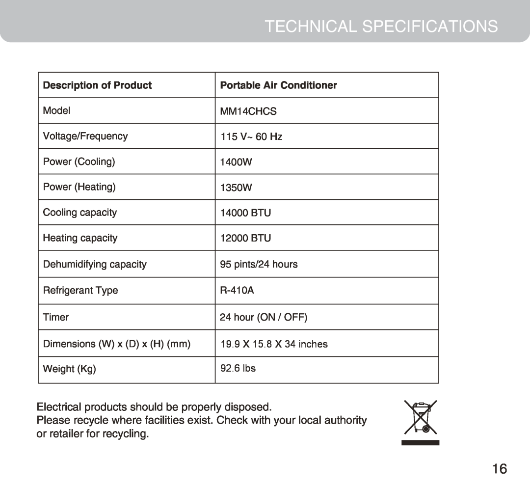 Honeywell MM14CHCS Technical Specifications, Electrical products should be properly disposed, Description of Product 