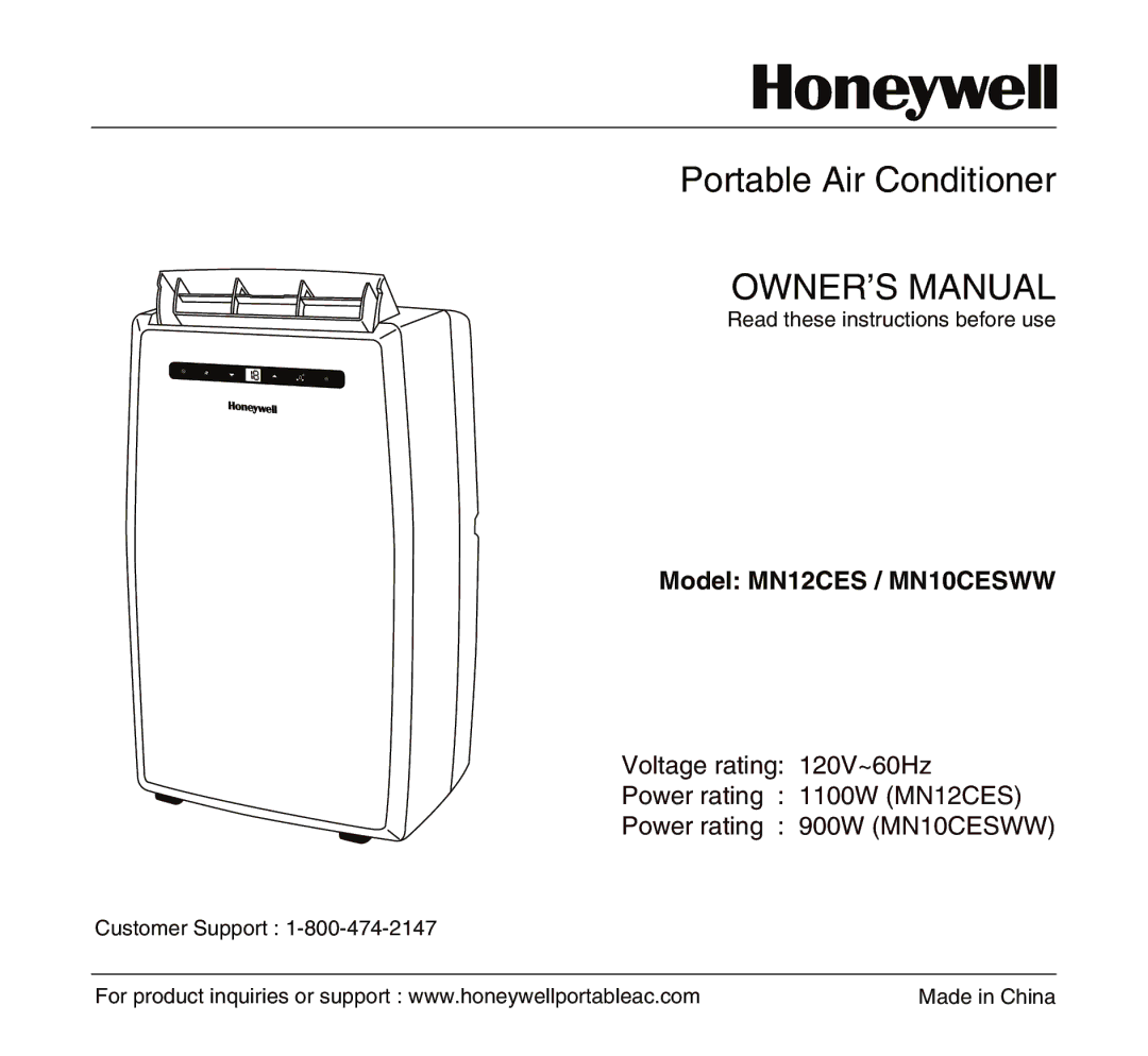 Honeywell owner manual Portable Air Conditioner, Model MN12CES / MN10CESWW 