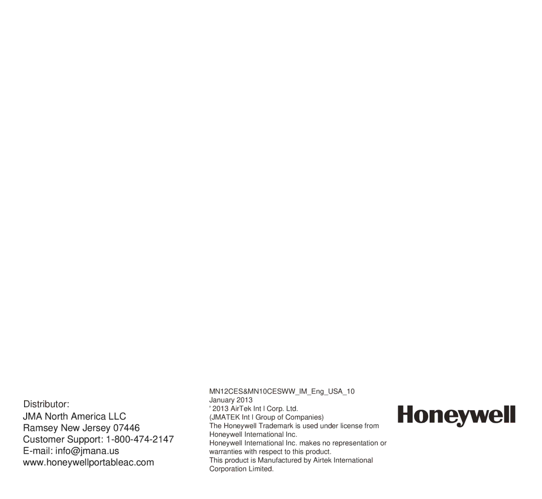 Honeywell MN12CES owner manual JMA North America LLC 