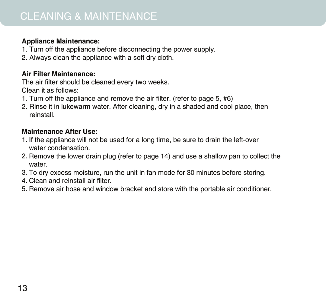 Honeywell MN12CES owner manual Cleaning & Maintenance, Appliance Maintenance, Air Filter Maintenance, Maintenance After Use 