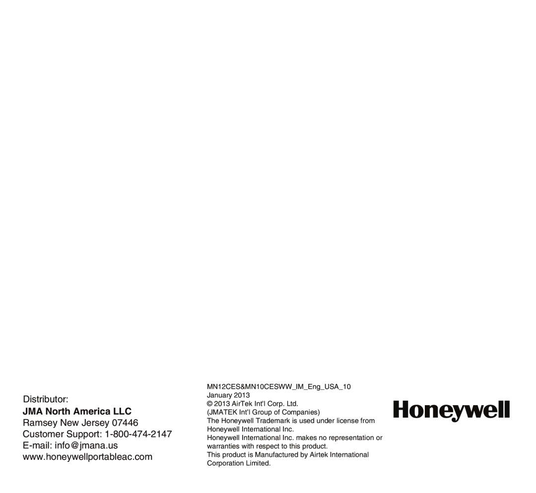 Honeywell MN12CES owner manual Distributor, JMA North America LLC 