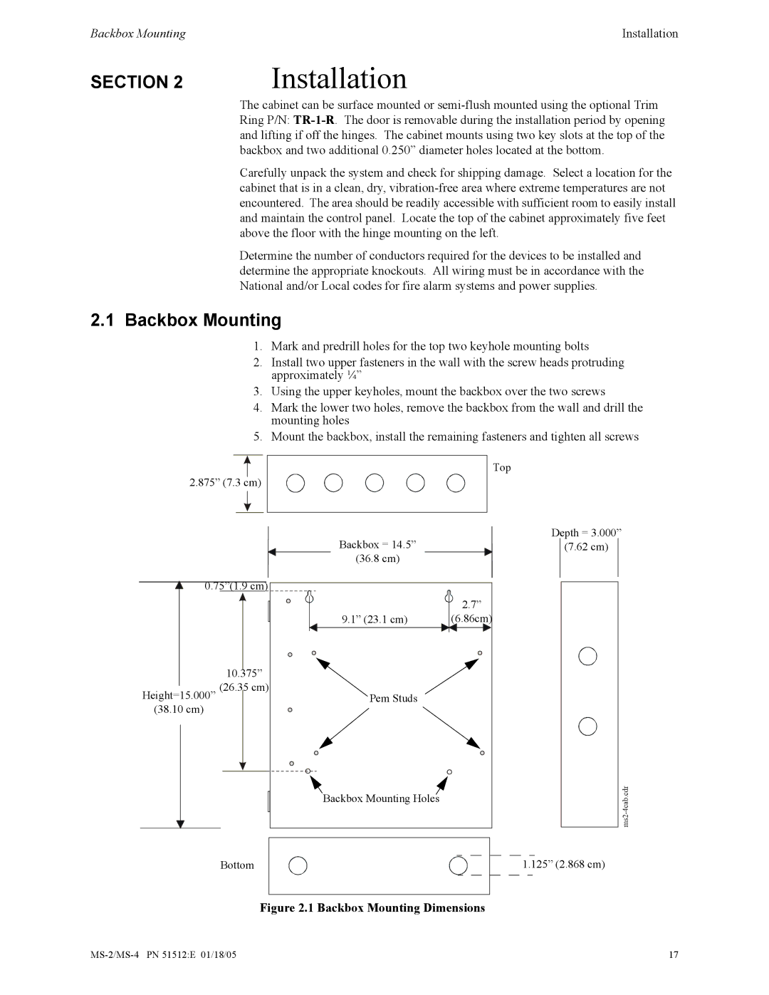 Honeywell MS-2 manual Backbox Mounting Dimensions 