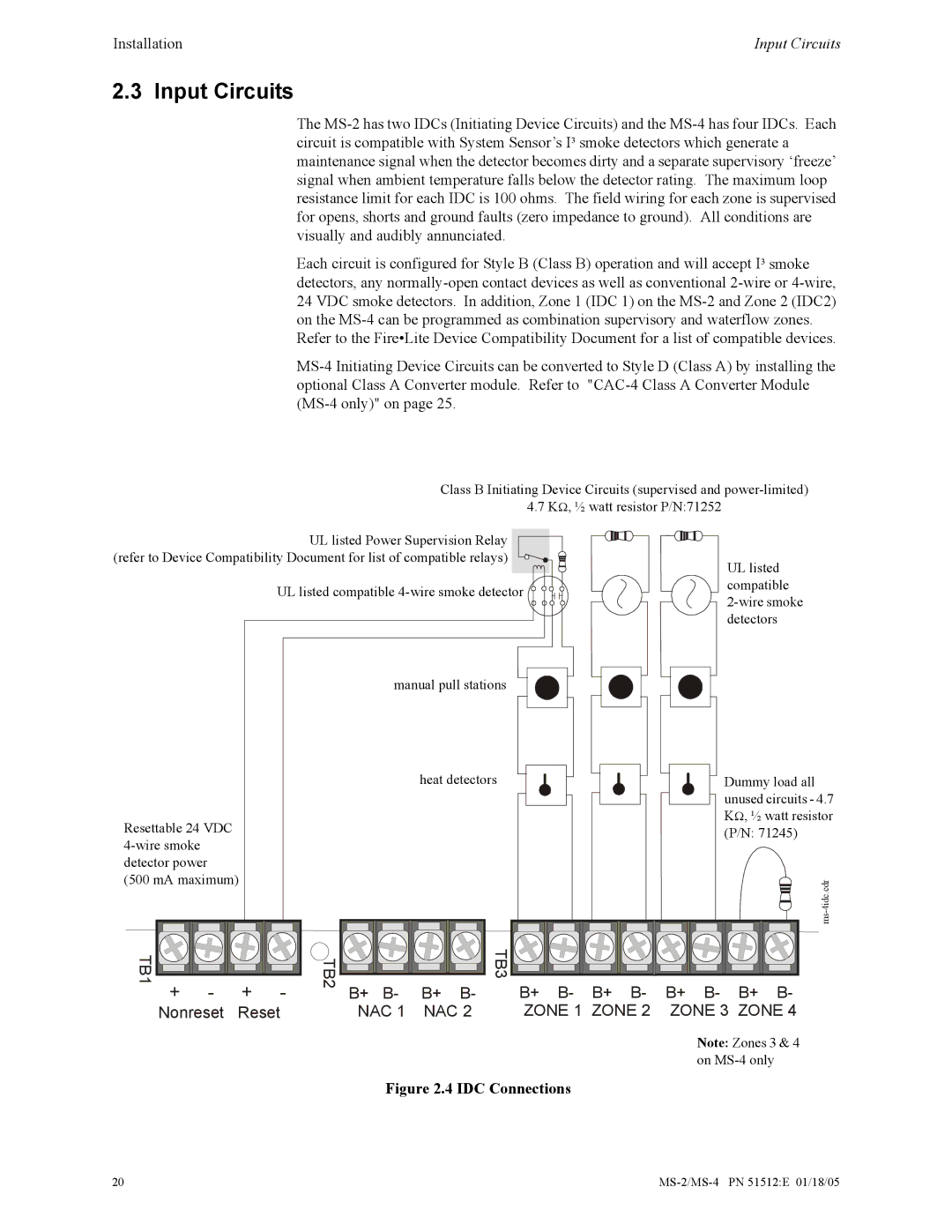 Honeywell MS-2 manual Input Circuits, IDC Connections 